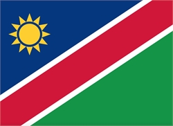 [ai] The flag of Namibia features a blue field with a yellow sun, a diagonal red stripe bordered by white, and a green triangular section at the bottom.